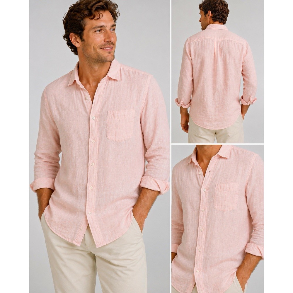 J.Crew Men's S Baird McNutt 100% Linen Pink Slim Button Down Long Sleeve Shirt